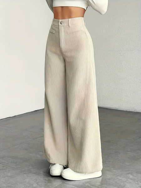Cat Ear Orientation MS25072820 Women'S High-Waisted Wide-Leg Pants - Corduroy Texture Casual Trousers, All-Season Comfort, Machine Washable Beige Pants Three-Piece Set