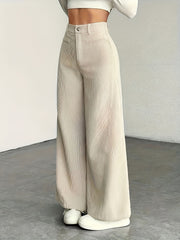 Cat Ear Orientation MS25072820 Women'S High-Waisted Wide-Leg Pants - Corduroy Texture Casual Trousers, All-Season Comfort, Machine Washable Beige Pants Three-Piece Set