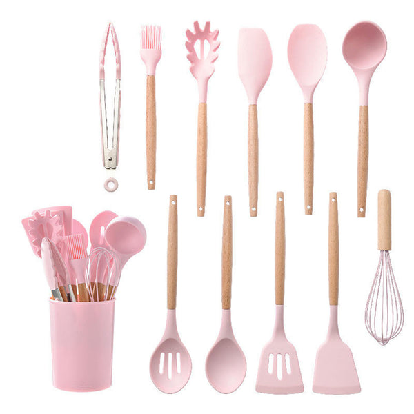 12pcs Silicone Cooking Utensil Set, Non- Stick Tools with Wooden Handles, Includes Storage Box, Kitchen Essentials, Ideal Gift for Mother, Wife, Pink