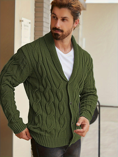 Men'S Solid Cable Knit Cardigan Fall Winter Button-Up Knit Coat