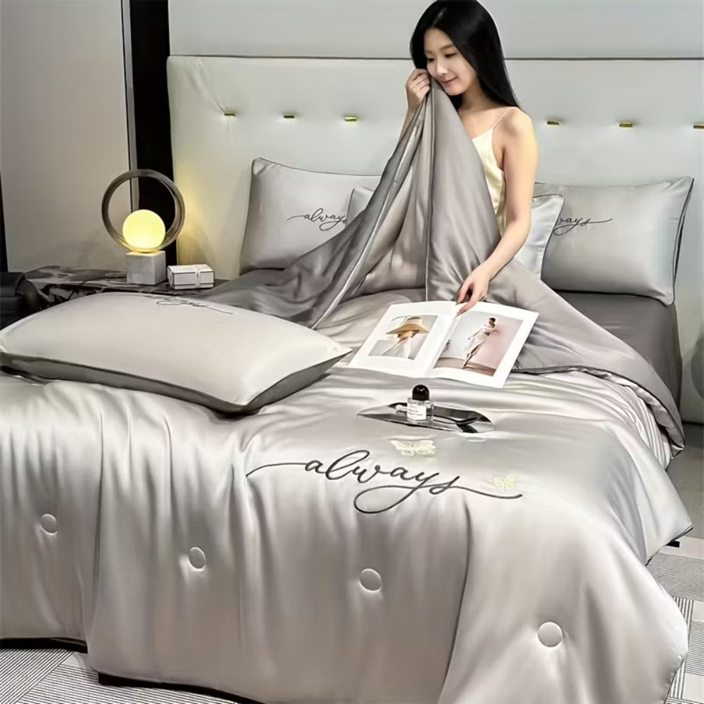1pc Lightweight Summer Quilt - Breathable Lightweight Air Conditioning Blanket, Thin Comforter for Bedroom and Dorm, Machine Washable (Pillowcases Not Included), Quilted Comfort | Embroidered Comfort | Lightweight Quilt