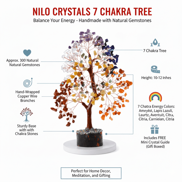 7 Chakra Crystal Tree of Life - Healing Crystal Bonsai Tree for Spiritual Home Office Decor, Positive Energy Gift for Women Men, Yoga & Meditation Room Accessories by Nilo Crystals with Mini Crystal Guide