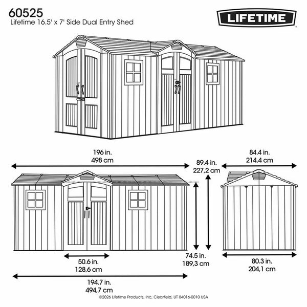 Lifetime 16.5Ft X 7Ft (4.9 X 2M) Dual Entry Outdoor Storage Shed - Model 60525