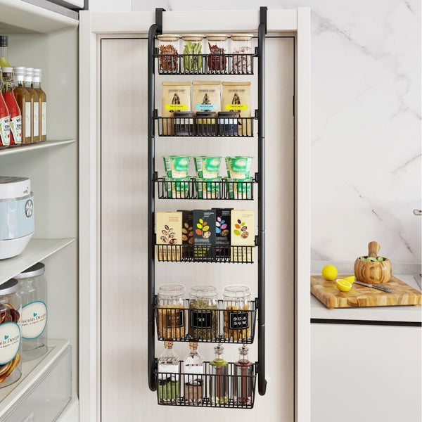 6-Tier Over Door Storage Rack - Heavy Duty Metal Hanging Organizer with Adjustable Shelves 40x150cm for Kitchen Pantry Bathroom - Black
