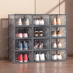 Pack of 12 Stackable Shoe Boxes Shoe Storage Organisers, Sturdy & Durable, Space Saving, Shoe Organizer Containers with Lids for Women/Men, Ideal for Entryway, Closet, Living Room, Bedroom, Office, Dorm, Fit Up To UK Size 9.5, 23x33x14cm