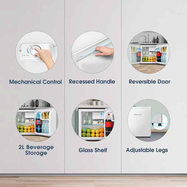 Fridgemaster MUR4545 Small Table Top 45Cm Mini Fridge - 45 L - Mechanical Control with Adjustable Thermostat - Reversible Door - 39 Db Low Noise - Broad Climate Design - White - E Rated