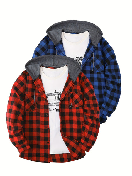 2pcs Men's New York Fashion Trendy Plaid Shirt Hoodie, Plaid Pullover Sweatshirt Flannel Hoodie