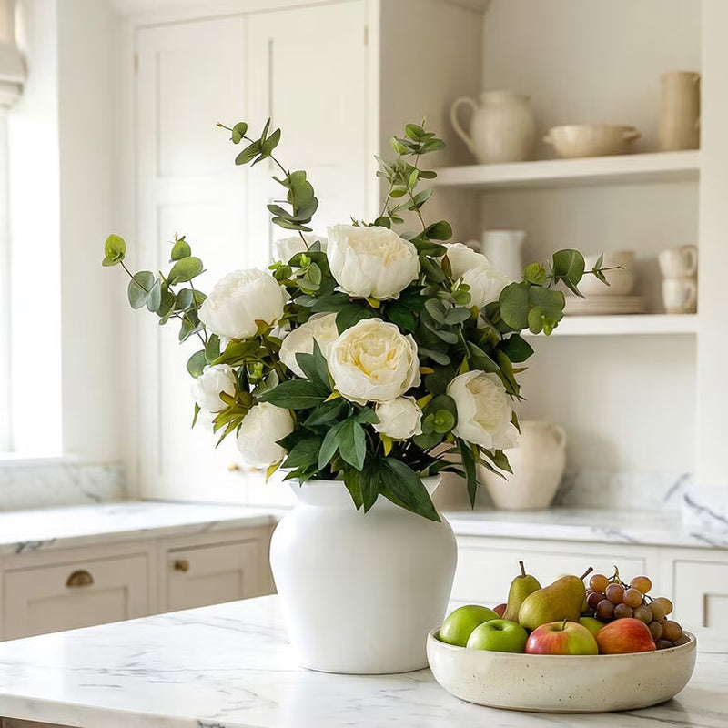 Artificial Peony & Eucalyptus Bouquet in Vase in White
