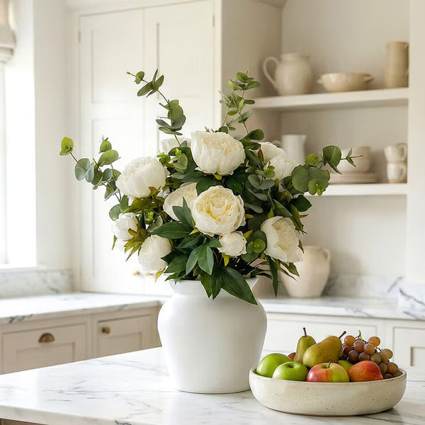 Artificial Peony & Eucalyptus Bouquet in Vase in White