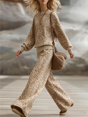 Women's Leopard Print Casual Suit, Loose Crew Neck Sweater + Wide-leg Pants Two-piece Set, Daily Social Lazy Style Fashion Suit, Lazy High-end Style, Women's Fashion Leopard Print Two-piece Set
