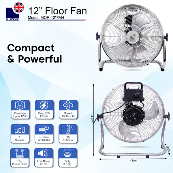 Morris Floor Fan 12 Inch Strong Airflow 3 Speeds Aluminium Blades Tilt Head 135° Portable Compact Fan for Bedroom Office Home Silver