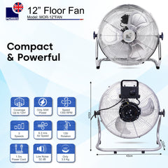 Morris Floor Fan 12 Inch Strong Airflow 3 Speeds Aluminium Blades Tilt Head 135° Portable Compact Fan for Bedroom Office Home Silver