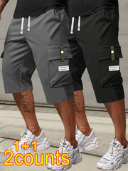 2pcs Men's Cargo Capri Pants with Drawstring Waist, Large Pockets, and Letter Patches for Summer, Fashion Casual Athletic Trousers