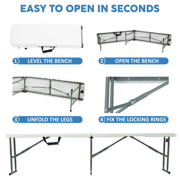 6FT Folding Bench - Portable White Folding Garden Bench for Indoor/Outdoor Use, Suitable for Dining, Picnics, BBQs, Camping, and Versatile Seating in Gardens, Patios, or Events