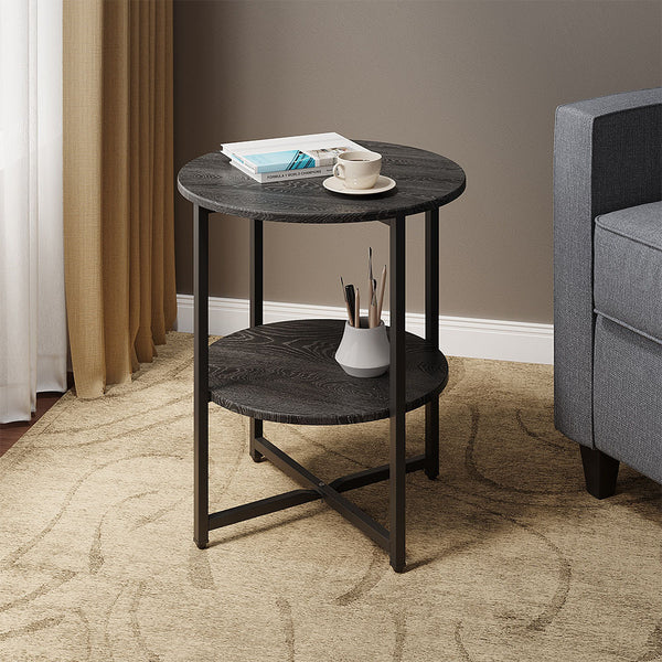 2-Tier Round Side Table - Multi-Level Storage Coffee Table for Plants/Lamps, Space-Saving Sofa/Bedside Organizer (15.75×15.75×18.5