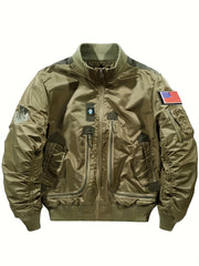 Men'S Casual Stand Collar Bomber Jacket, Chic Novelty Design Zip Up Tactical Jacket with Multi-Pocket, Fall Winter Outdoor