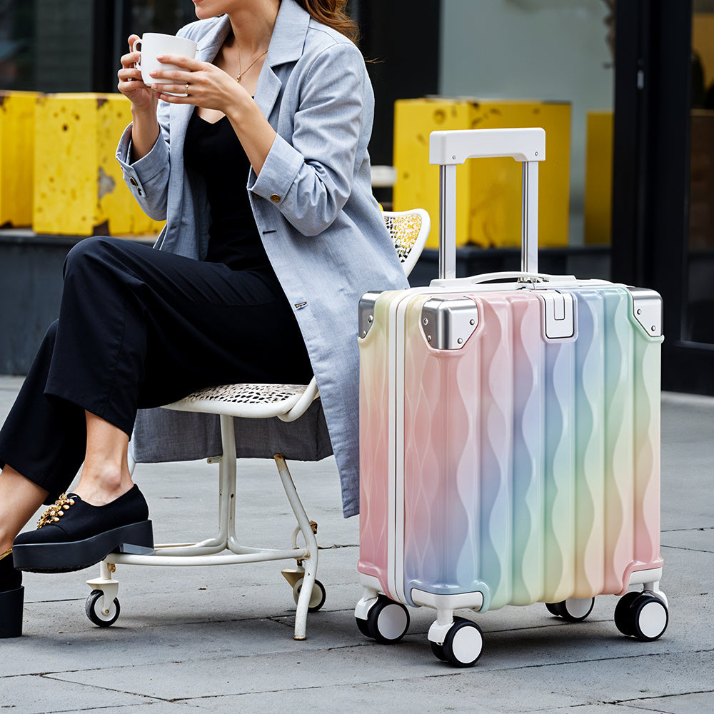 Cabin Luggage, Multifunctional Suitcase, Travel Suitcase, Carry-on Luggage with Cup Holder, Stand, Hook, Dreamy Rainbow Gradient Luggage 18 Inch, Lightweight & Durable Trolley Case with Spinner Wheels