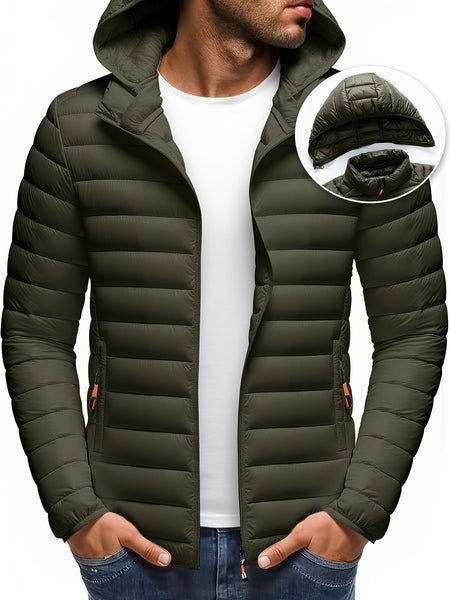 Men's Stand Collar Hooded Jacket - Warm, Windproof Thickened Coat, Detachable Hood, Solid Color Design, Thickened Nylon Fabric for Cold Weather, Casual Style, Zip Closure, Dry Clean Only, Winter Stand Collar Hooded Thickened Coat
