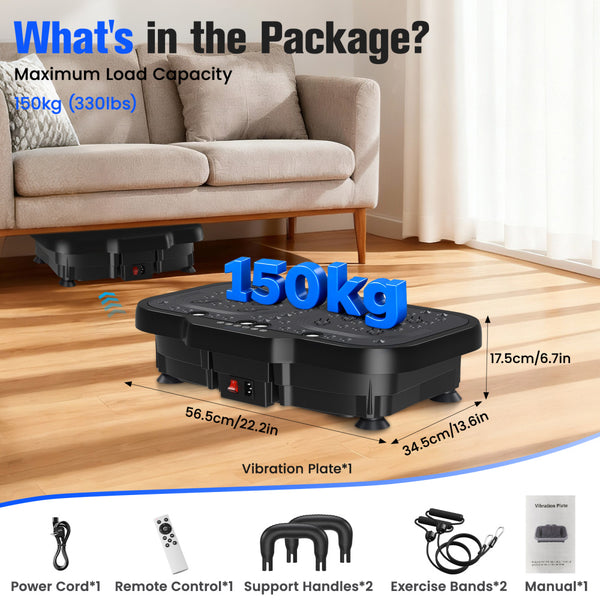 1-Piece Black Vibration Plate (Fat-Burning Machine) - 180 Adjustable Speed Settings, 150kg Load, Upgraded Handles & Resistance Bands, Speakers & Remote Control for Home/Office Full-Body Workouts
