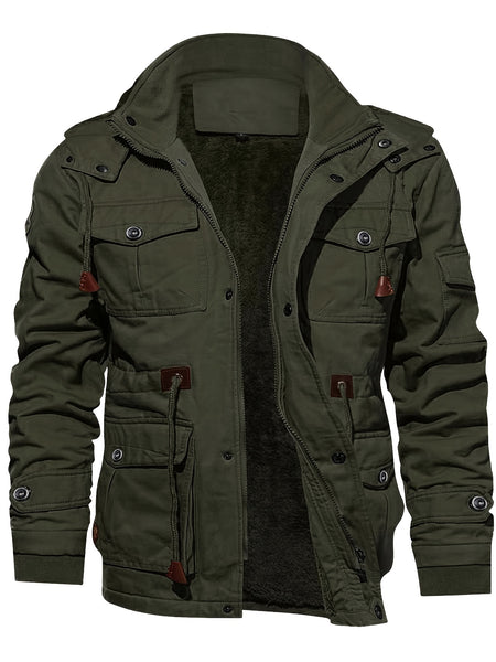 Men'S Fleece Jacket Casual Warm Hooded Windproof Outerwear Fleece Jacket Hooded Multi-Pocket Utility Jacket