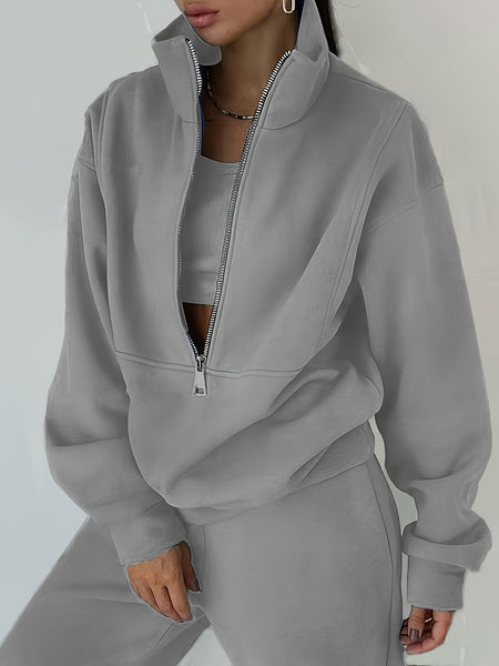 Women's Two-Piece Sweatshirt Set - Cozy Zip-Up Hoodie & Matching Pants, Casual Streetwear Style for Fall/ Winter, Comfortable Clothing | Casual Streetwear | Zippered Hoodie