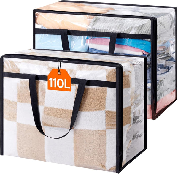 Lifewit 4 Pack Clear Plastic Storage Bags, 40L Foldable Clothes Storage Boxes Wardrobe Organizer Moving Bags with Reinforced Handle for Loft Wardrobe for Bedding Clothes Blanket Duvet