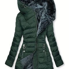 Women's Winter Fleece-Lined Hooded Jacket - Mid-Length Relaxed Fit Coat with Zipper Front, Long Sleeve Casual Outerwear for Cold Weather