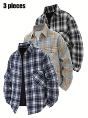 3pcs Set - Men'S Spring/Autumn Collared Checkered Shirt Youth Outdoor Casual Trendy Top Men'S Fashion Versatile Jacket
