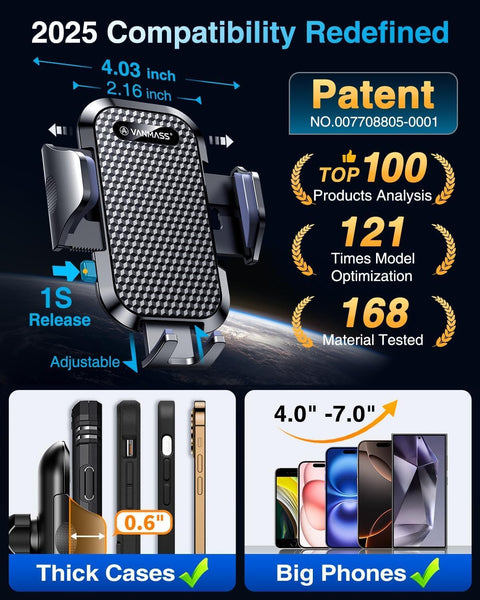 VANMASS 【New Upgrade BEST】 Car Phone Holder 【Ultimate Version True Military-Grade】 Mobile Cell Mount Windscreen Dashboard Vent Van Automobile Cradle for Iphone 16 15 14 13 Samsung All Smartphones