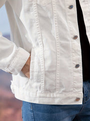Spring and Autumn Hot Men's Denim Jacket for Teens, High-End Long Sleeve Turn- Collar Casual Coat
