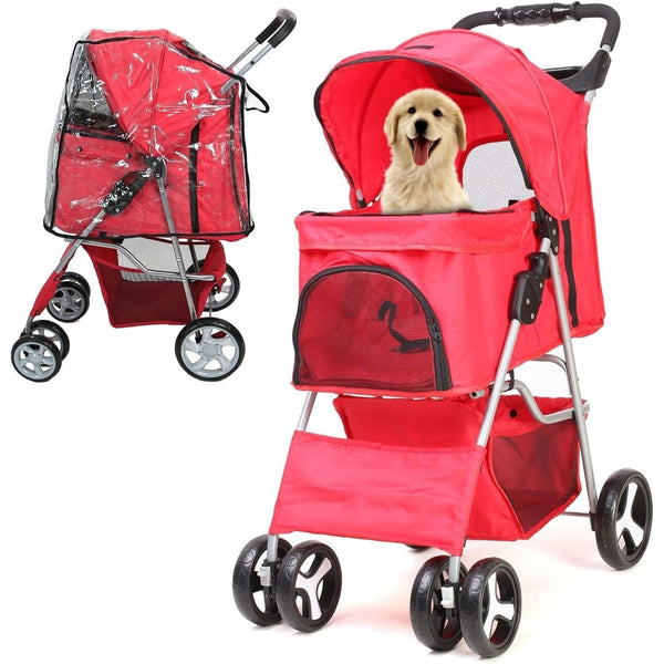 Foldable Pet Stroller With Rain Cover, Portable Foldable Outdoor Walking Cart with Large Space, Hand-Pull Design, Durable Oxford Fabric, Ergonomic Handle & Ventilation Mesh, Lightweight & Sturdy Frame For Small To Medium Dogs - Outdoor Pet Carrier, Modern