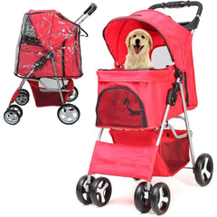 Foldable Pet Stroller With Rain Cover, Portable Foldable Outdoor Walking Cart with Large Space, Hand-Pull Design, Durable Oxford Fabric, Ergonomic Handle & Ventilation Mesh, Lightweight & Sturdy Frame For Small To Medium Dogs - Outdoor Pet Carrier, Modern