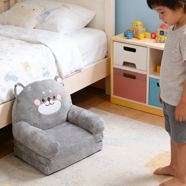 Cozy Kid Folding Sofa, Plush, Washable Lounge Chair for Playroom & Nursery, Gray Dog Style Foldable Wide Handle Soft Breathable Toddler Chair for Reading Relaxing Sleeping(2 Layers)