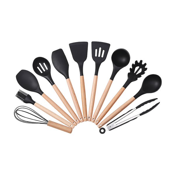 Kitchen Utensil Set, 11pcs Silicone Cooking Utensils Set With Wooden Handle, Nonstick Cookware Tongs Spatula Spoon Set, Best Kitchen Tools, Valentine'S Day Gifts Black, Holiday Gift Guide
