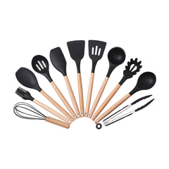 Kitchen Utensil Set, 11pcs Silicone Cooking Utensils Set With Wooden Handle, Nonstick Cookware Tongs Spatula Spoon Set, Best Kitchen Tools, Valentine'S Day Gifts Black, Holiday Gift Guide