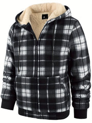 Men's Heavyweight -Lined Hooded Jacket - Full-Zip Plaid Thickened Shirt with Pockets and Adjustable Drawstring, Comfortable and Warm for Autumn and Winter