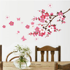 2PCS Pink Blossom Tree Flower Wall Stickers Vinyl Art Decals Glossy Polyvinyl Wall Sticker for Bedroom, Living Room, Bathroom Decor