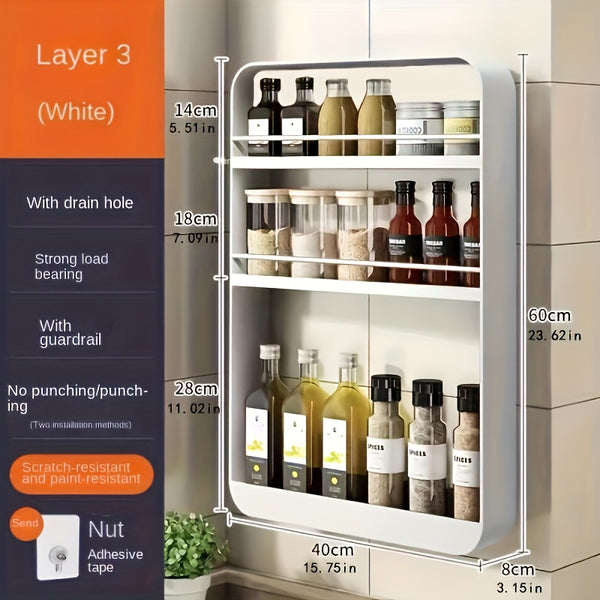 1PC No-Drilling Wall-Mounted Spice Rack – Adjustable Multi-Layer Metal Shelf for Kitchen/Bathroom – Space-Saving Storage Organizer for Toiletries, Spices, Books (Black/White)