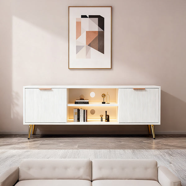 Modern Minimalist Style White Stripes TV Stand 47.2inch Media Unit Storage Cabinet with Open Storage Shelves Entertainment Center for 55 inches TVs Living Room Furniture Cupboard 120cm