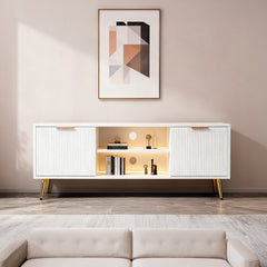 Modern Minimalist Style White Stripes TV Stand 47.2inch Media Unit Storage Cabinet with Open Storage Shelves Entertainment Center for 55 inches TVs Living Room Furniture Cupboard 120cm