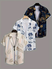3pcs Men'S Tropical Hibiscus & Palm Leaf Print Short Sleeve Summer Shirts - Breathable Non-Stretch Fabric, Button-Up Collar Casual Button-Up Shirt with Tropical, Hibiscus & Palm Leaf Design, Machine Washable, Perfect For Beach, Vacation