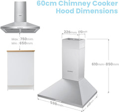 COMFEE' 60 Cm Chimney Cooker Hood Stainless Steel Extractor Hood with LED and Recirculating & Ducting System Wall Mounted Range Hood 600 Mm Extractor Fan - Silver KWH-PYRA17SS-60