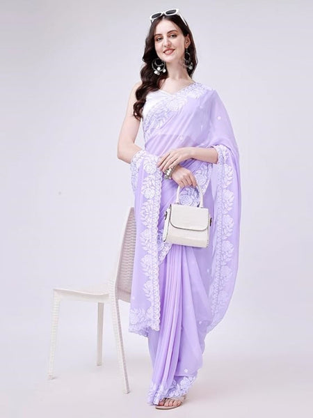 Estationeryhouse Women's Georgette Embroidery Border Work Designer Saree with Blouse Piece