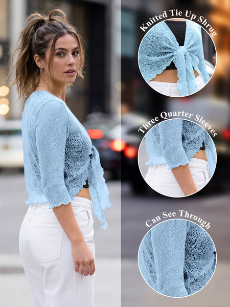 Love My Fashions Women’s Fish Net Knitted Tie Up Bolero Shrug Top Ladies 3/4 Sleeve One Size Fits All