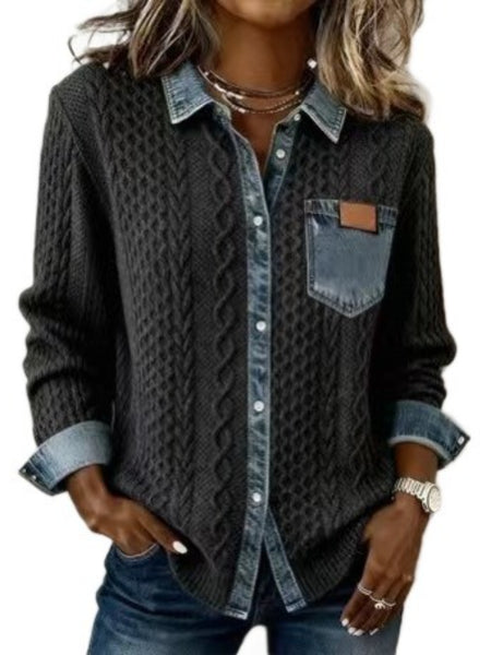 Denim Cardigan for Women Featuring Long Sleeves, a Stand-Up Collar, And Button Closure, Ideal for Casual Or Commuting Outfits in Spring And Summer, Suitable for All Seasons, with a Patchwork Design