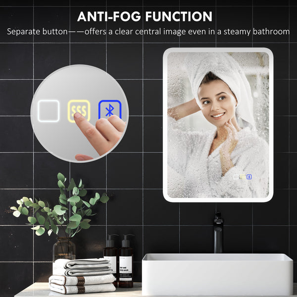 Backlit Illuminated Bathroom Mirror with LED Lights and Bluetooth, Wall Mounted Vanity Mirror with 3 Colours Dimmable, Anti-Fog, Memory Function, Touch Switch, IP44