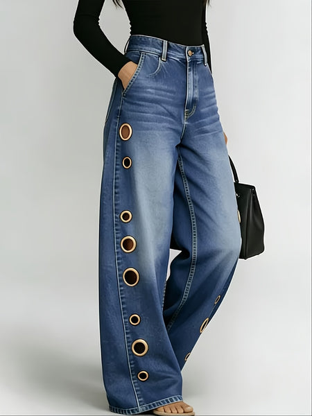 New Retro Style Denim Jeans for Women, with Metal Eyelets Designed for Casual And Loose Fit, High Waisted And Wide Leg Jeans, Street Cool Women'S Clothing, Black Retro Blue Light Blue Women'S Straight Leg Denim Pants