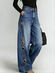 New Retro Style Denim Jeans for Women, with Metal Eyelets Designed for Casual And Loose Fit, High Waisted And Wide Leg Jeans, Street Cool Women'S Clothing, Black Retro Blue Light Blue Women'S Straight Leg Denim Pants