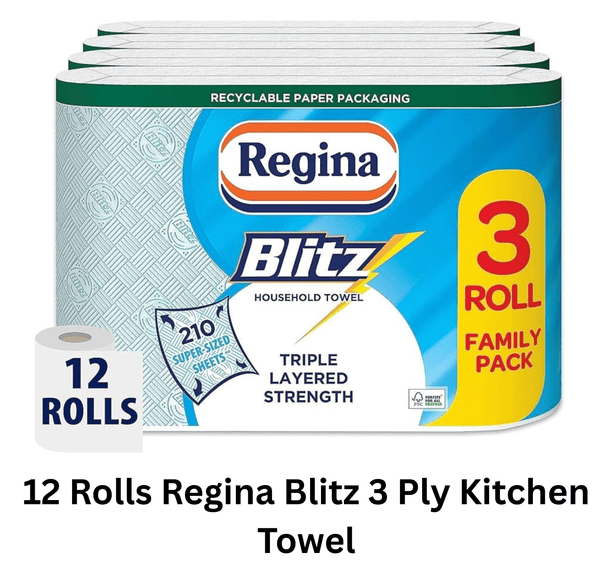 Regina Blitz 12 Rolls Strong Absorbent Luxury Kitchen Cleaning White Paper Towel
