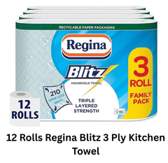 Regina Blitz 12 Rolls Strong Absorbent Luxury Kitchen Cleaning White Paper Towel